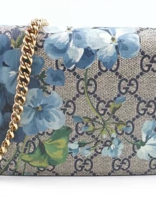 Gucci Handbags - Gucci Beige GG Supreme Shoulder Bag with Blue Floral Print and Gold Chain